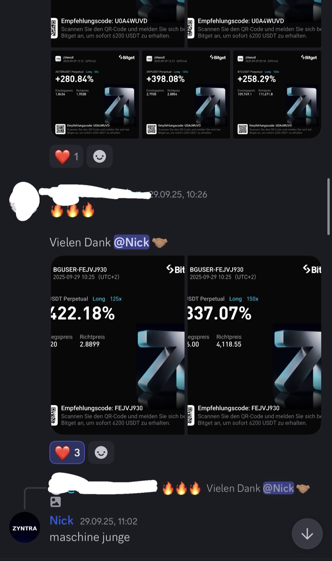 Teilnehmer-Gewinne von +280% bis +422%, Dank an Nick im Zyntra-Discord