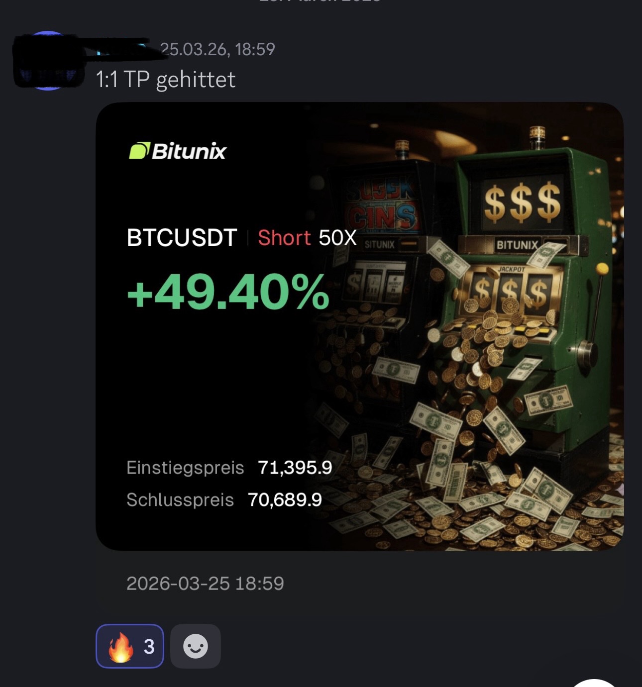 Live-Trading-Result: BTCUSDT +49%, 1:1 Take-Profit getroffen